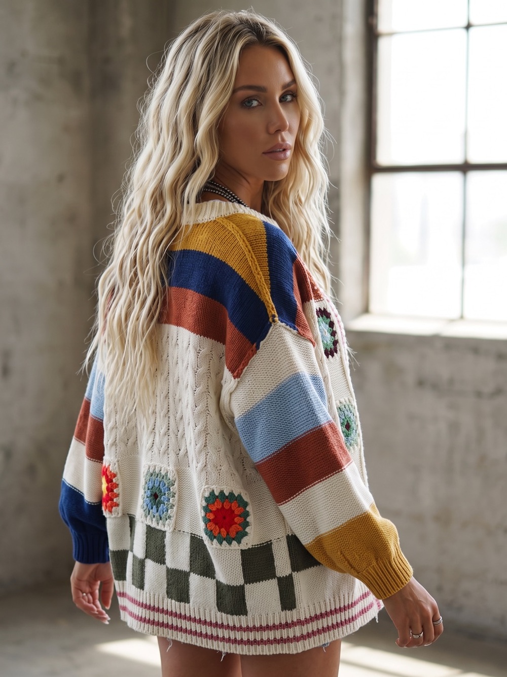 NWT POL Granny Tile Crochet Handmade Stripe Chenille Cardigan Sweater - Picture 11 of 16